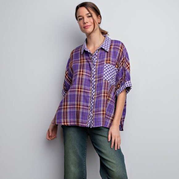 Easel Purple Plaid Oversized Button Down Top NWT M - Picture 4 of 10
